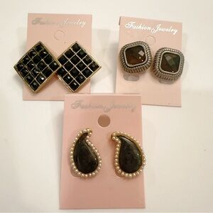 Korean Fashion Jewelry 3 Pairs Pearl Trim/Gold Tone/Black Cabochon Stud Earrings